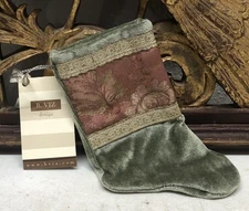 Mini XMAS Stocking Ornament of Antique Textiles by B-VIZ Green w Metallic L23