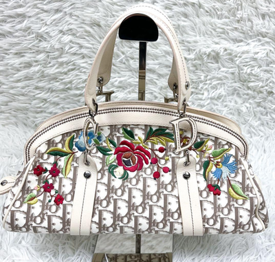 Dior Trotter Hand Bag White Beige Canvas Leather W14in Flower