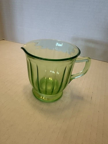 Hazel Atlas Ribboned Green Depression Uranium Glass Creamer 3.5” Glows Vintage