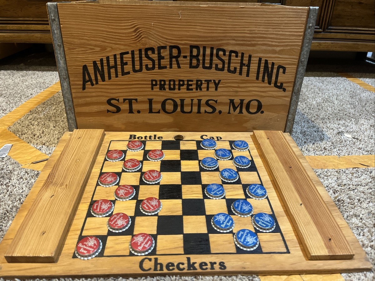 Vintage Budweiser Wooden Crate Box 17.5” w/ Bottle Cap Checkers