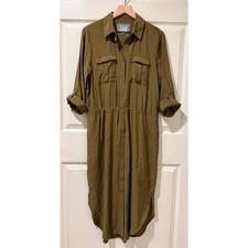 Maeve Anthropologie Drawstring Midi Shirtdress Olive Green Roll Sleeve Button 10
