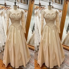 Champagne Vintage Wedding Dresses Satin Long Sleeves 1980s Retro Bridal Gowns