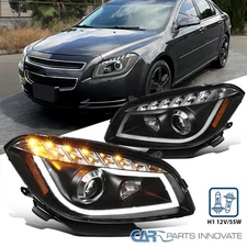 Black Fits 2008-2012 Chevy Malibu LED Strip Projector Headlights Lamp Left+Right