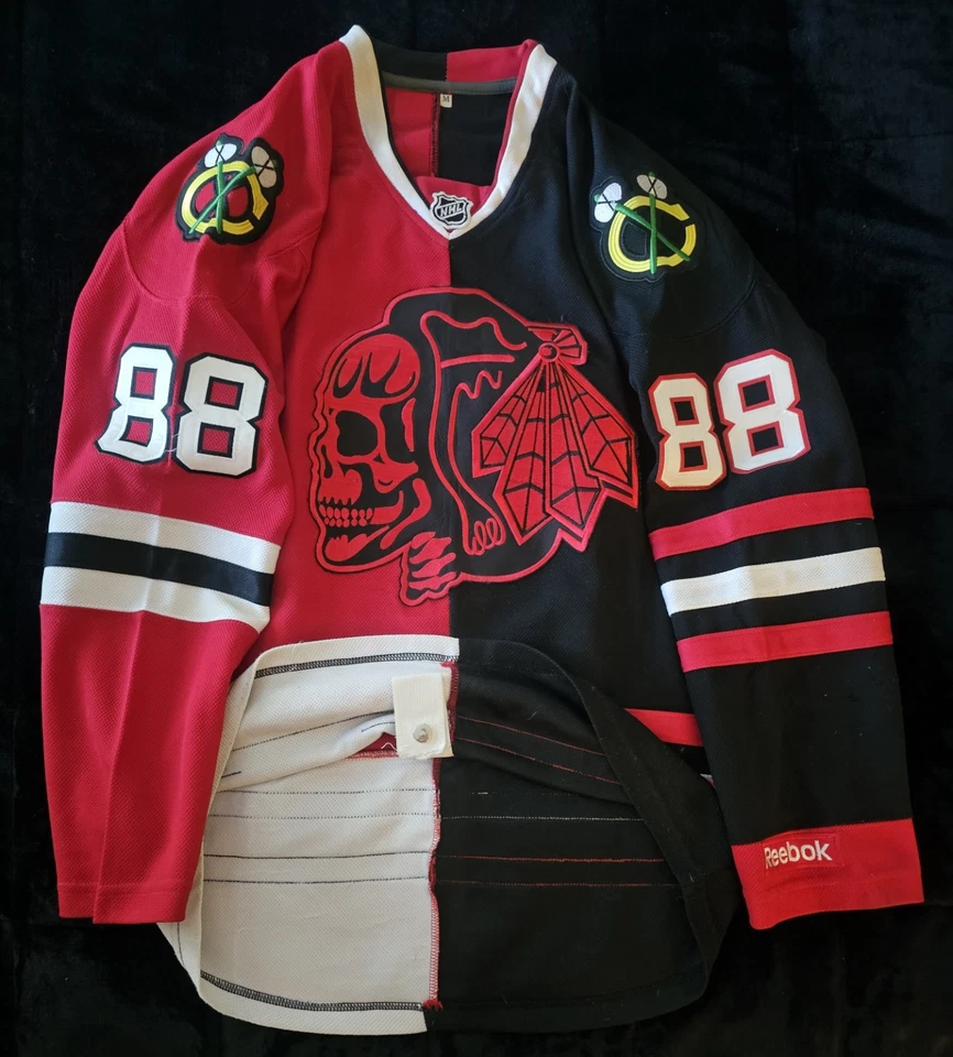RARE: Chicago Blackhawks split black and red jersey w/a red skull logo #88 KANE - Image 2 of 4
