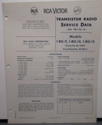 RCA VICTOR SERVICE MANUAL 1961 #8 1-RG-11 -14 -15 RADIO RC-1200C 