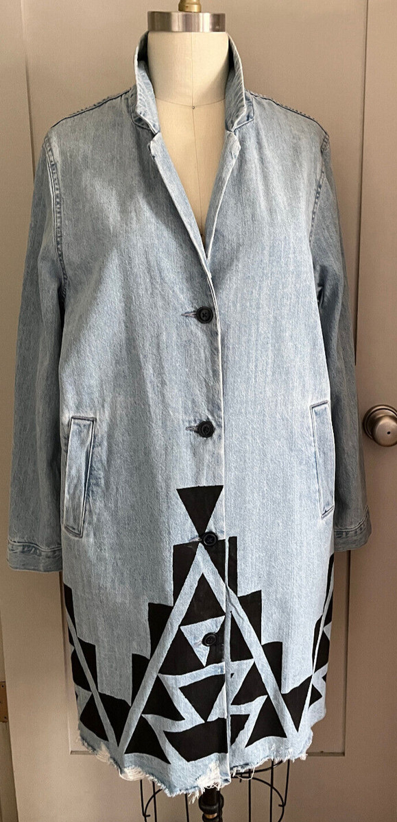 Painted Denim Long Jacket Native Artist Naranjo Art to Wear XL Santa Fe