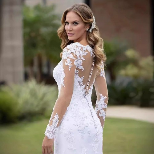 Wedding Dresses Boat Neck Long Sleeve Applique Lace Mermaid Sweep Train V Back - Picture 4 of 11
