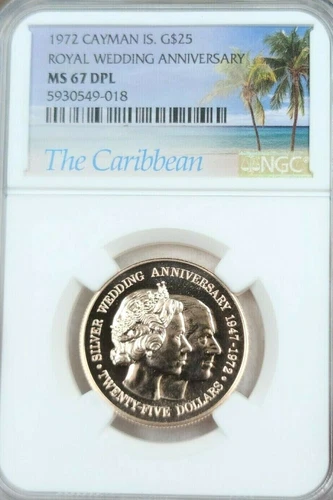 1972 CAYMAN ISLANDS GOLD 25 DOLLARS ROYAL WEDDING ANNIV NGC MS 67 DPL SCARCE