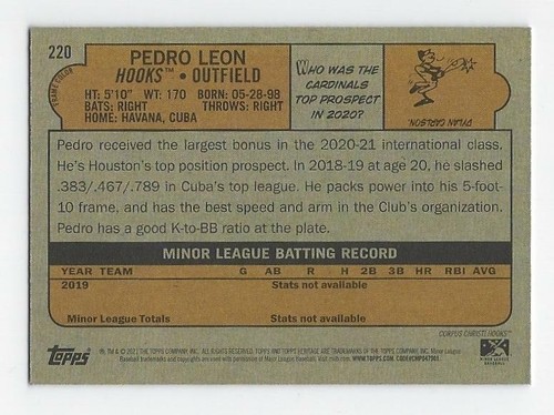 2021 Topps Heritage Minors #220 Pedro Leon Farbaustausch Variation SSP ~ Astros - Bild 2 von 2