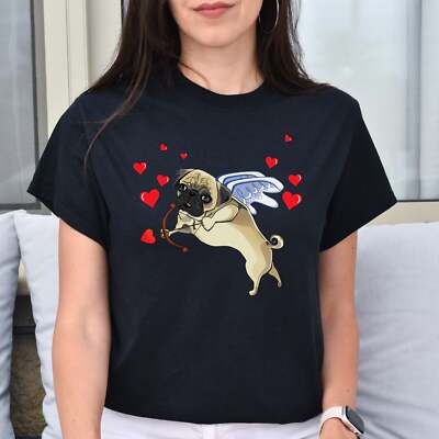 Cupid Pug Unisex T-Shirt gift Valentine Pug dog owner tee black dark heather