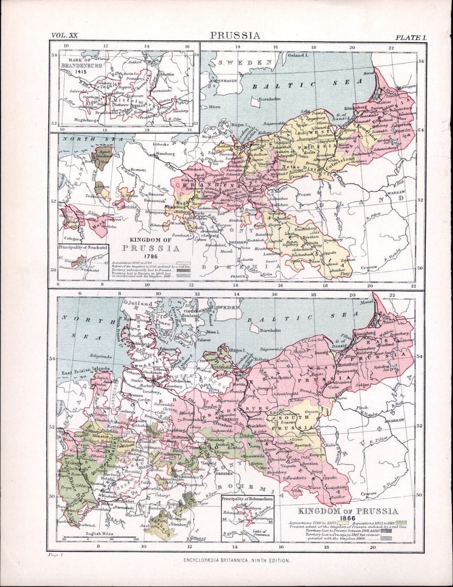 Britannica Atlas 地図 1860 Encyclopedia Britannica Antique Map of Prussia in 1786 & 1866