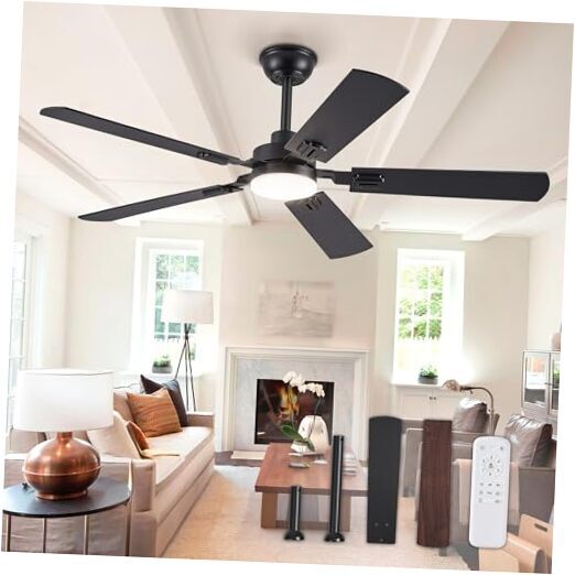 52 Inch Black Modern Ceiling Fan with Light and Remote Control
