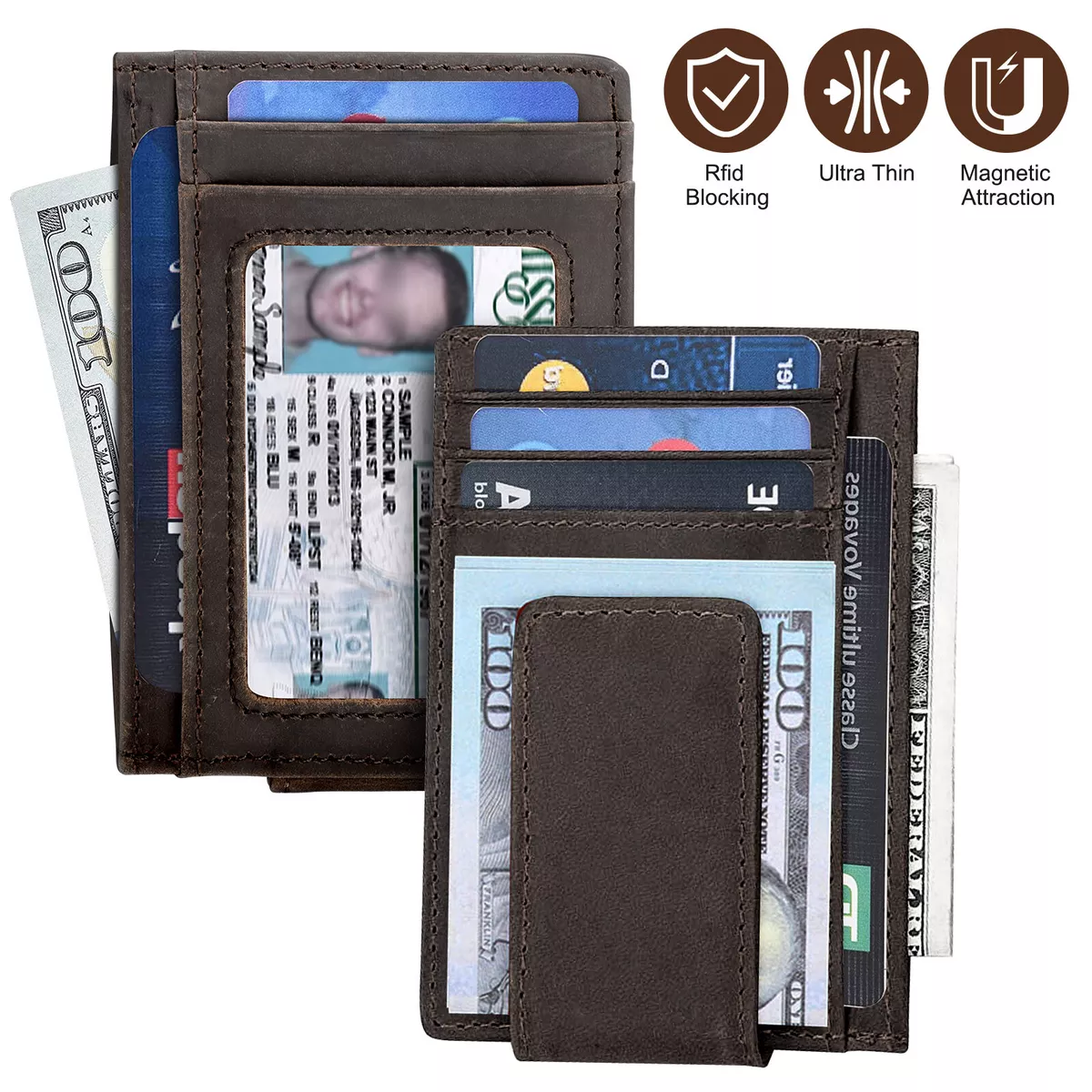 Jungler Rfid Blocking Minimalist Genuine Leather Minimalist Wallet Slim Front Pocket Card Wallet Credit Card Holder Note Compartment 8 Card Holder