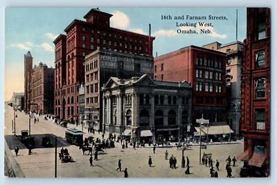 c1910's 19th & Farnam Streets Looking West Crowd Trolley Omaha Nebraska Postcard