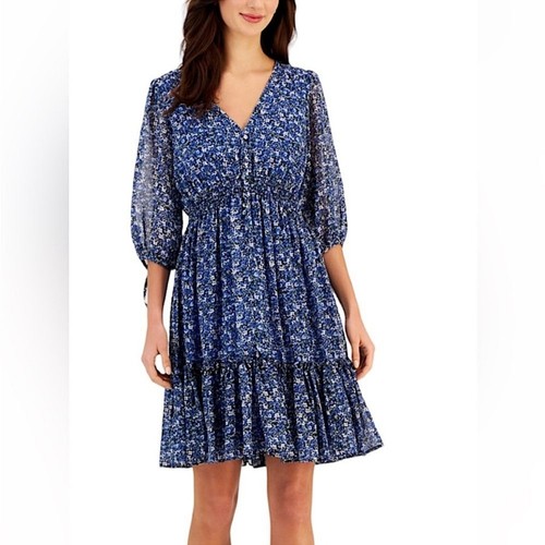 TAYLOR Women's Floral-Print Tiered Ruffle Hem Dress Sz 8P V-Neck Smocked Waist - Bild 1 von 16