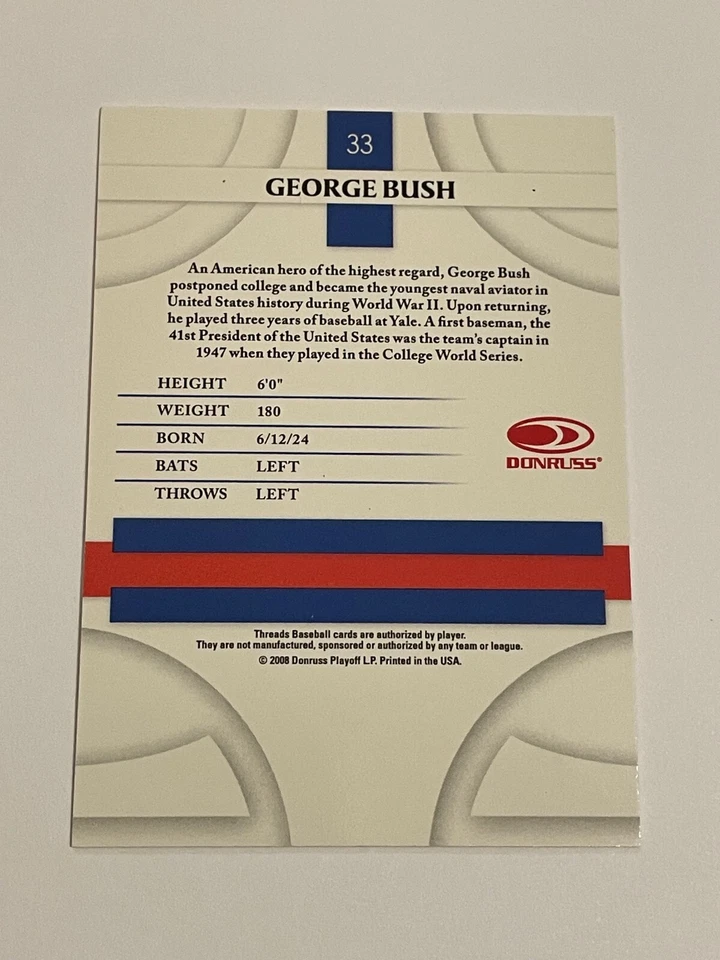 2008 Donruss Threads Baseball #33 - George Bush - Yale Bulldogs - Image 2 of 2