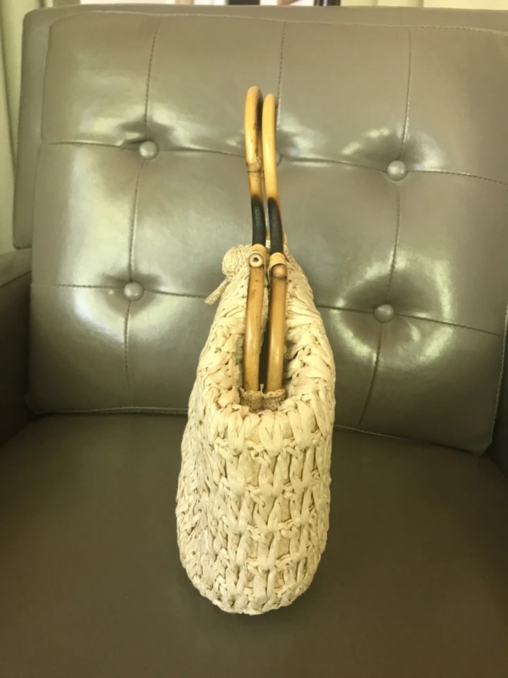 复古 50 年代米色草编包,带竹柄日本制造 — 第 3/4 张图片