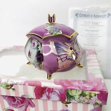 VTG 2002 Ardleigh Elliot Gold Purple Rose Butterfly Music Trinket Box Porcelain