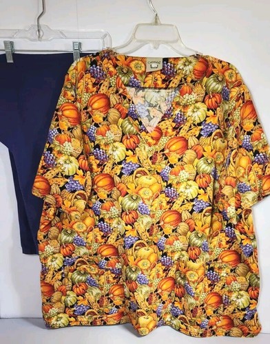Cottonality Fall Pumpkin Scrub Harvest Holloween XXL Top L Pant Orange Purple - Picture 2 of 13