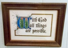 Vtg  Christian ART PAINTING Drawing Illuminated Page Style  Botanical WITH GOD