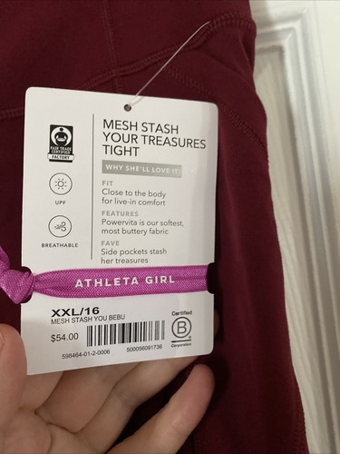 Athleta Girl Mesh Stash Your Treasures Tight Size XXL/16 Burgundy Red - Picture 4 of 6