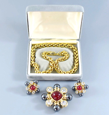 HÄMATIT & GOLDFARBENE MODESCHMUCK BROSCHE ANHÄNGER OHRRINGE HALSKETTE SET