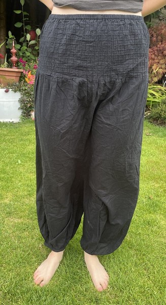 Quirky Hippy Ichi 100% Cotton Black Sarouel Harem Pants XS Ruched Waist Panel