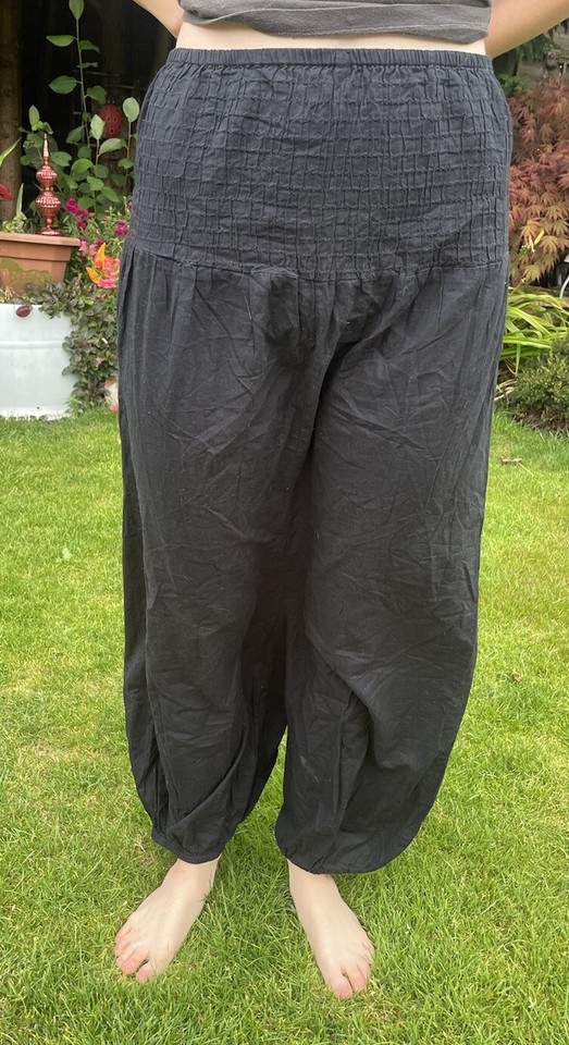 Quirky Hippy Ichi 100% Cotton Black Sarouel Harem Pants XS Ruched Waist Panel