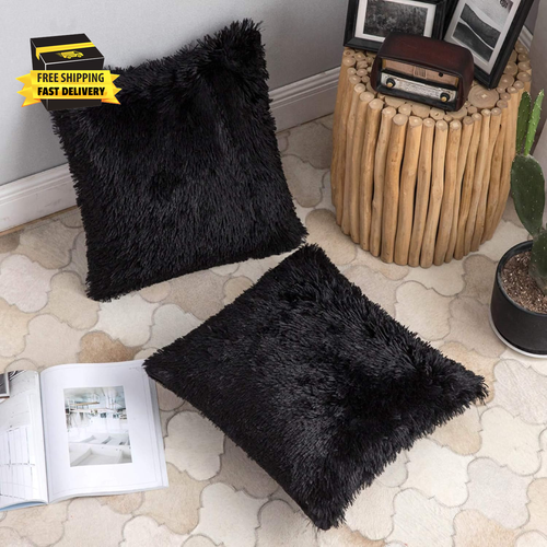 Pack of 2 Black Throw Pillow Covers Luxury Fluffy Pillows Faux Fur Decorative Pi - Picture 2 of 6