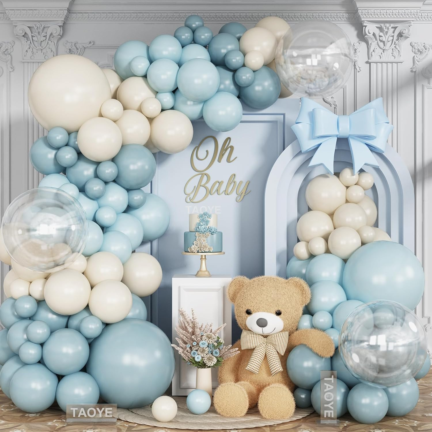 Dusty Baby Blue Balloon Arch Kit - Blue Beige Garland with Slate Fog, Ivory Whit