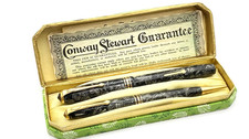 VINTAGE CONWAY STEWART 58 FOUNTAIN PEN SET GRAY HATCHED DURO 14K GOLD FINE NIB
