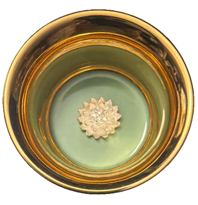 Ceramic TeaCup Green Gold Lotus Fish Pattern,  Glossy Round Decorative Pottery