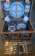 Large Vintage Wicker 4-Person Picnic Basket Set - with cutlery and plates
