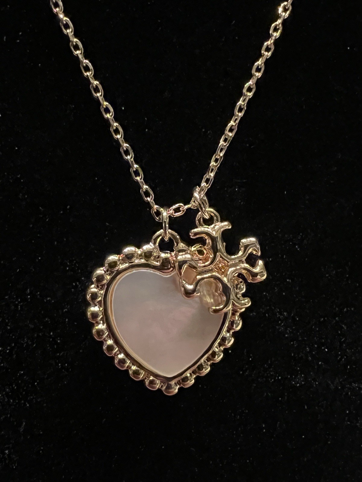 TORY BURCH Charm Gold Necklace, with Mother of Pearl Heart and TB logo 17”