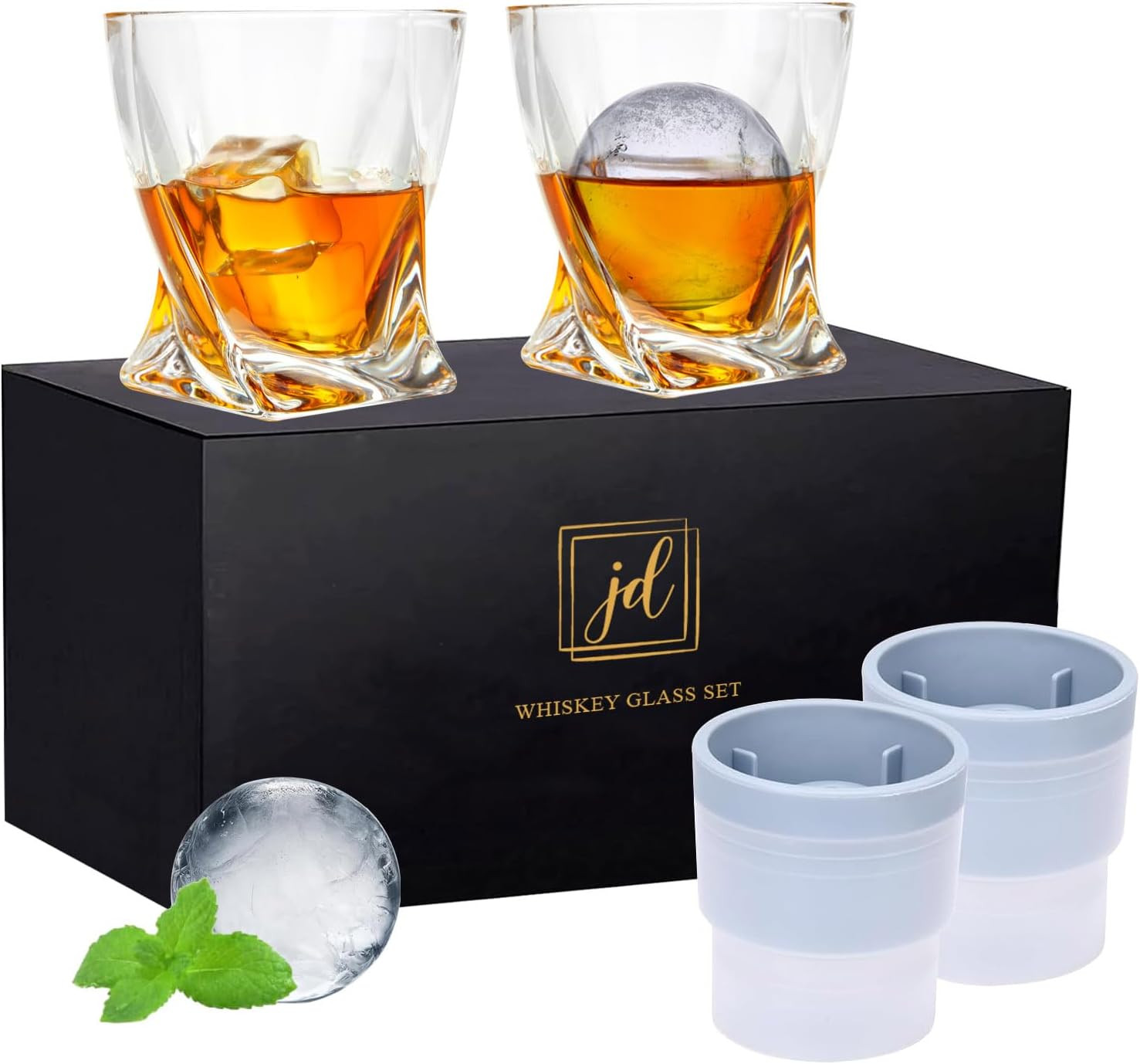 Whiskey Glass Set Gift Box 2 Crystal Glasses with 2 Big Ice Ball Molds