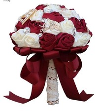 Dark Red Ivory Bridal Bouquet Big Rhinestones Silk Hold Bouquet Luxury Brooch