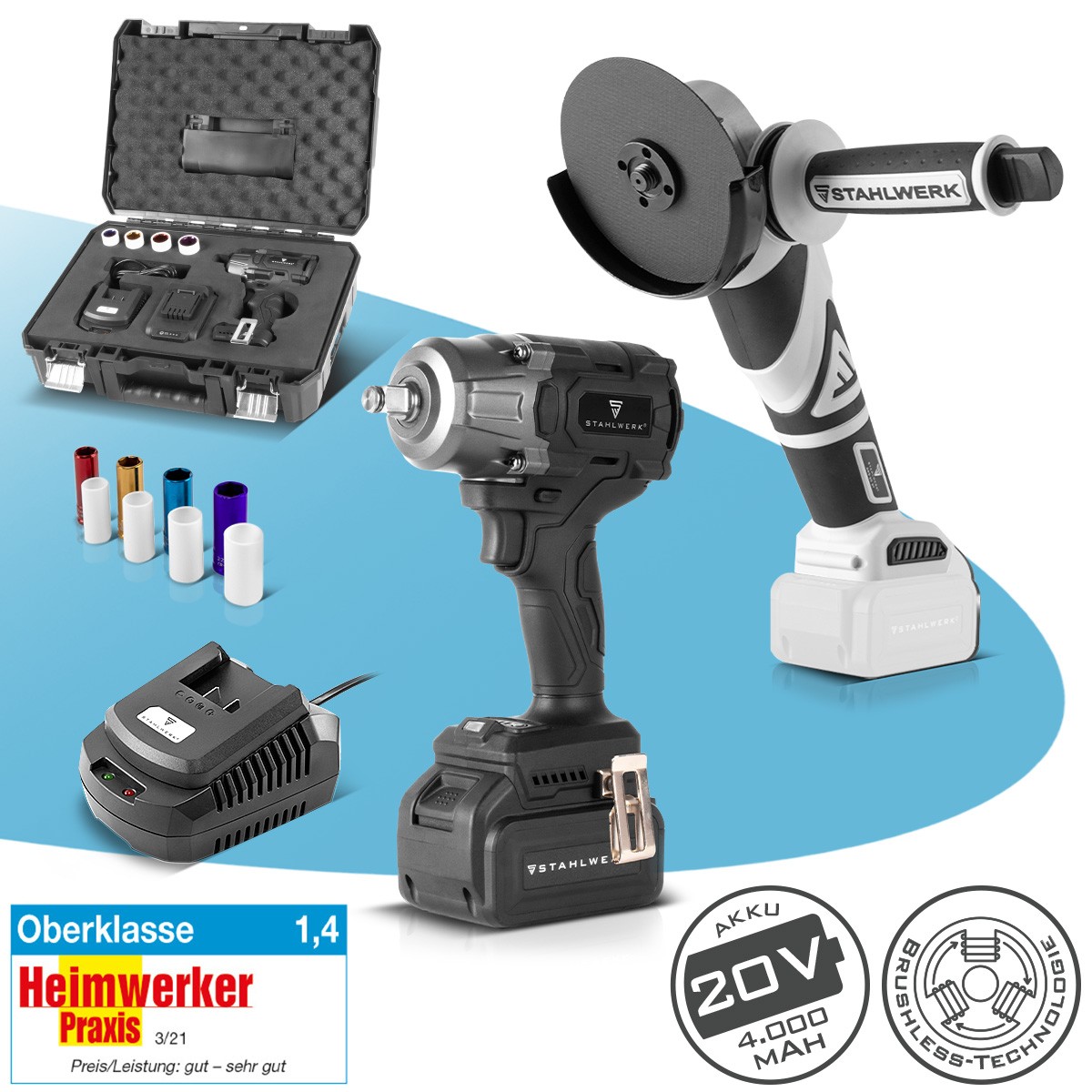 STAHLWERK cordless tool set impact wrench 880Nm angle grinder 7500 rpm