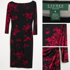 Ralph Lauren Womens Dress Black Floral Stretch Faux Wrap Ruched Elegant Sheath 8