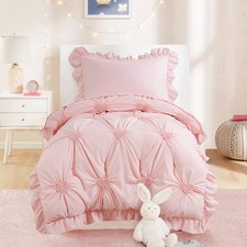 4 Pieces Pink Princess Bedding Set for Girls , Ultra Soft Blush Pinch Pleat C...