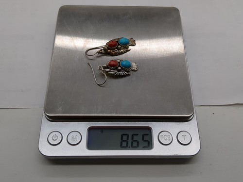 Southwestern Signed BBJ 925 Sterling Turquoise Coral 1.5" Dangle Drop Earrings - Picture 9 of 9