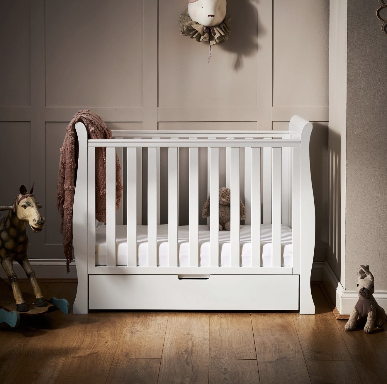 Obaby Stamford Sleigh Space Saver Cot - White 27 Obaby Stamford Space Saver Sleigh Cot White + Little Green Sheep Mattress