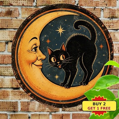 Black Cat Pumpkin Halloween Sign Retro Moon Cafe Kitchen Metal Plaque 8x8
