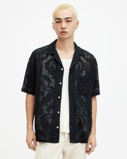 Image of AllSaints Men's Black Floral Button-Up Shirt UK Size L Collared Short Sleeve