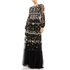 Mac Duggal 35111 Black Evening Gown Floral Embroidered Long Sleeve Dress Size 18