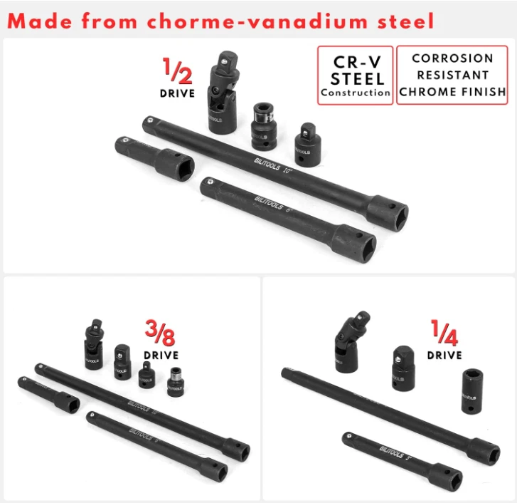 18-Piece Drive Tool Set, 1/4–1/2" Extensions, Adapters, U-Joints, Cr-V Steel - Image 3 of 4