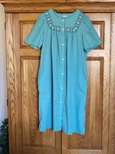 CAROLE WOMENS SNAP FRONT GOWN DUSTER BLUE EMBROIDERED COTTON BLEND SZ S