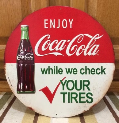 Coca Cola While We Check Your Tires Button Vintage Style Coke Soda Gas Oil