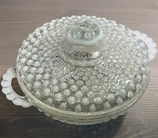 Vintage Anchor Hocking Opalescent Hobnail Moonstone Covered Candy Dish w/Handles