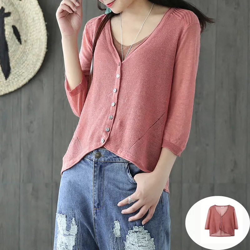 Women Cotton Linen Cardigan Knit Coat Sweater Lightweight Sun Protection Summer