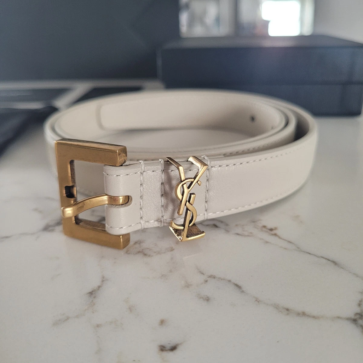 NWT SAINT LAURENT CASSANDRE THIN BELT WITH SQUARE BUCKLE IN CREMA WHITE,  SIZE 80